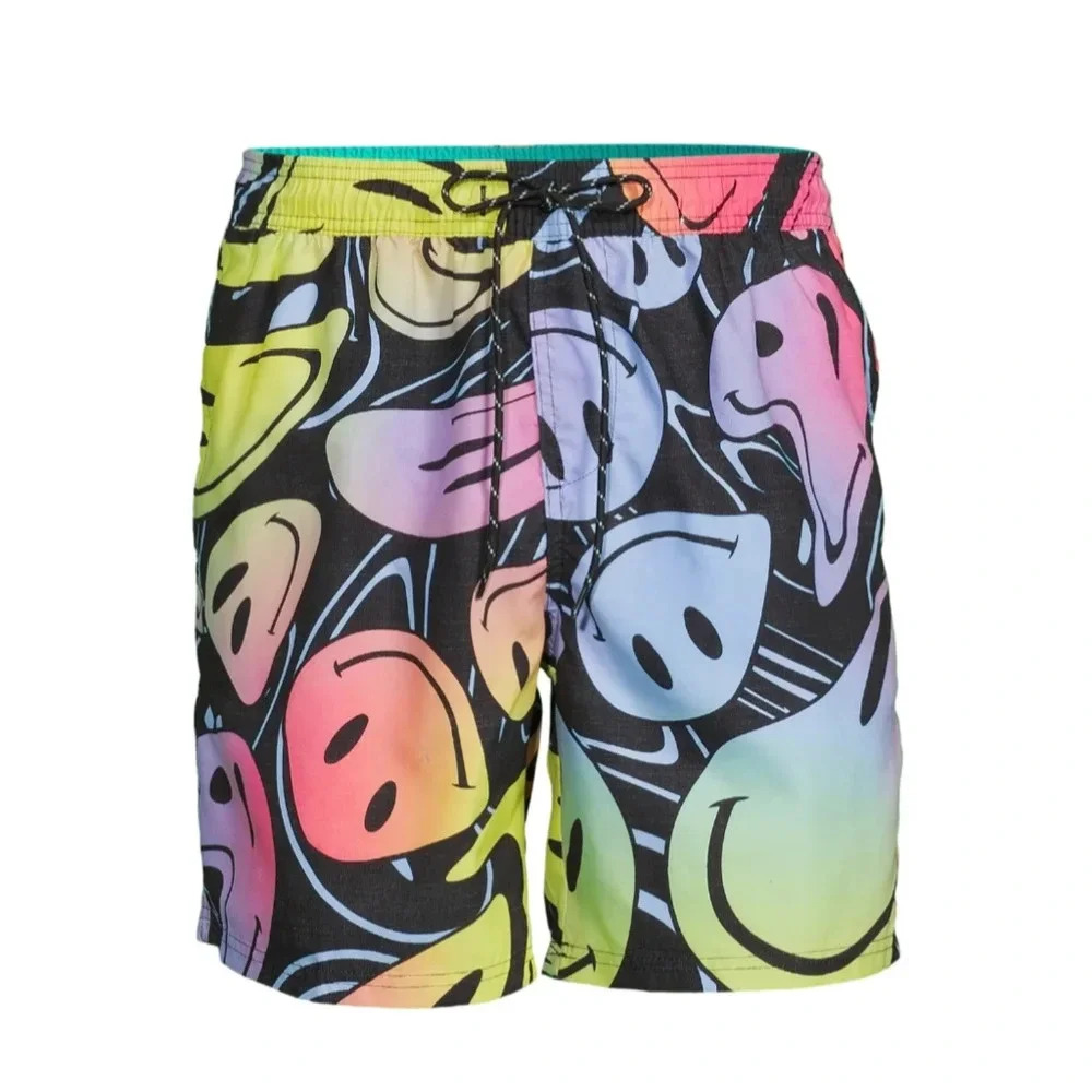 No Boundaries Men's Novelty Print 7" Swim Trunks Smile faces NWT